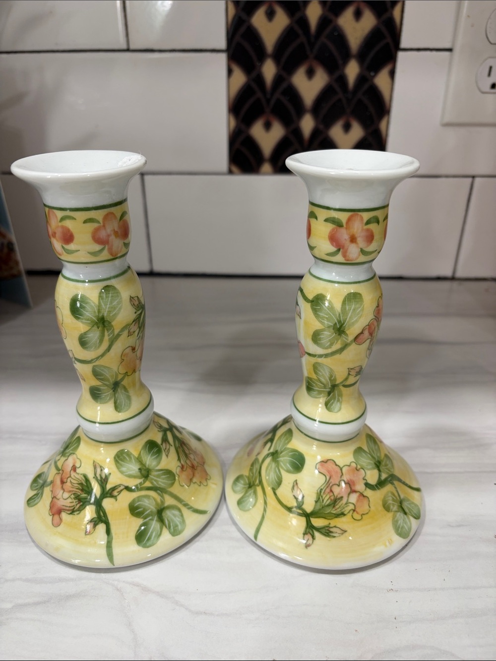 Hand-Painted Yellow Floral Ceramic Candlestick Pair